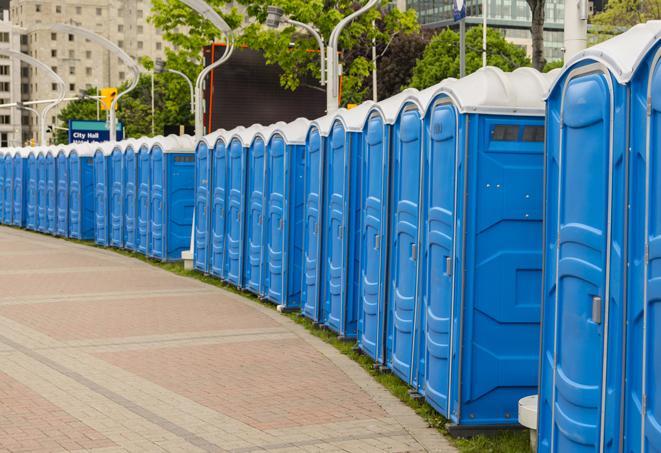 hygienic and sanitized portable restrooms for use at a charity race or marathon in Newton Center